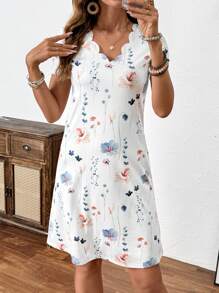 Breezaya Women's Summer Holiday Lace Patchwork Tie-Dye Print Sleeveless Dress