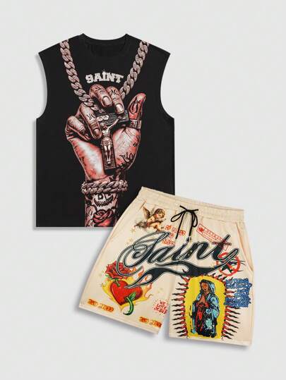 Goth Men's Religious Graphic Print Tank Top And Shorts Set, Summer