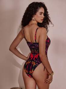 Swim Chiccia 女士夏季海滩度假定位印花吊带露背肩带连体泳衣，两侧可调节抽绳，修身 - 彩色 - 查看 3