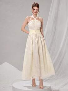 Poshira 女士花卉提花优雅露背晚礼服（装饰版）、派对礼服、舞会礼服 - 杏色 - 查看 5