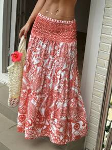 Sunnyshic 女士波西米亚印花长喇叭裙，休闲度假日常穿着，春夏，伊比沙岛服装 - 紅色 - 查看 6