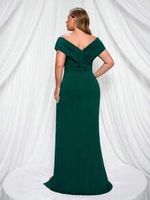 SHEIN Belle Váy phù dâu màu xanh lá cây xếp ly cổ chữ V tay bồng cỡ lớn thanh lịch tối giản - màu xanh lá - Xem 3