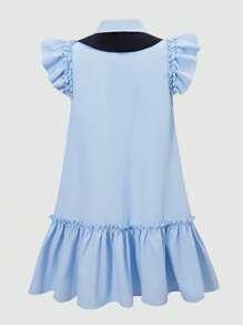 SHEIN Tween Girls Collared Partial Button Front Ruffled Sleeve A-Line Dress - Blue - View 4