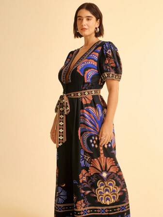 CAJUNI 大码女式度假椰子树、鹦鹉和银杏叶彩色印花 V 领泡泡袖系腰超长连体裤