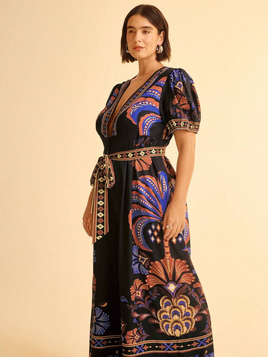 CAJUNI 大码女式度假椰子树、鹦鹉和银杏叶彩色印花 V 领泡泡袖系腰超长连体裤 - 彩色 - 查看 1