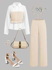 SHEIN Girlism Elegant Apricot Patchwork White Blouse Ruffled Long Sleeve & Wide Leg Pants Two Pieces Outfit, Vintage Style, Multi-Purpose Casual Wear For Teen Girls