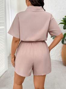 SHEIN LUNE Plus Size Solid Color Short Sleeve Jumpsuit, Casual Summer - Dusty Pink - View 2