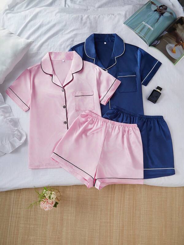 LuxeNights Conjunto de pijama de 4 piezas de seda sintética con cardigan con cuello, top de manga corta y shorts