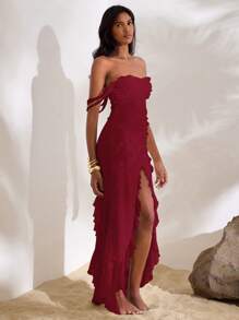 Opulessa 1 件女式纯色针织网眼短款上衣开衩修身荷叶边下摆连衣裙