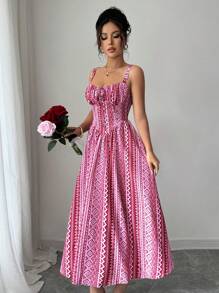 SHEIN Unity Rafferiza 女式浪漫情人节演唱会装度假生日连衣裙休闲连衣裙荷叶边前系带蝴蝶结可爱优雅粉红玫红色不对称水钻条纹印花吊带后背不对称腰部修身A字下摆2025夏季新款长裙 - 粉色 - 查看 4