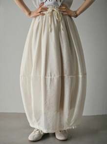 FRIFUL Women's Solid Color Patchwork High Waist Bubble Skirt, Business Casual Skirt With Silhouette Vacation - White - View 1