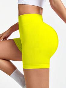 SHEIN Sports Pantalones cortos sin costuras para mujer de cintura alta de unicolor para hacer ejercicio - Amarillo - Ver 3