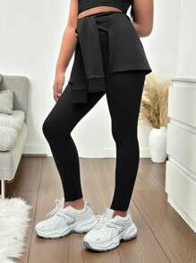 SHEIN Camisa con nudo adelante y leggings casuales y deportivos de corte slim para niñas preadolescentes, de vuelta al colegio