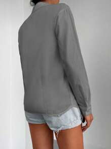 SHEIN Cottnline 100%Cotton Solid Button Front Pocket Patched Shirt - Grey - View 2