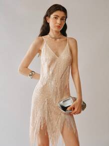 Uhlyne 女士 V 领无袖亮片流苏下摆连衣裙