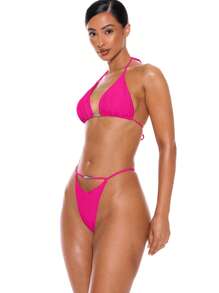 Musera Resort Halterneck "" Beaded Detail Tie Back Bikini Top Only Summer Spring Holiday Vacation Sexy Club Ibiza Beachwear - Hot Pink - View 3