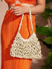 SHEIN SXY Quý cô, Túi đeo vai nữ, Túi Hobo, Thời trang, Thanh lịch, Đơn giản, Cá nhân hóa, Đa năng, Cổ điển, Túi móc, Cam và vàng, Rỗng, Cho bãi biển, Kỳ nghỉ, Ngày lễ, Mùa hè, Bên bờ biển - Màu be - Xem 2