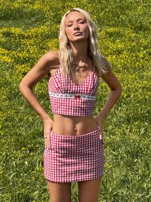 SHEIN EZwear 2 件套女士夏季服装复古西部休闲音乐节度假浪漫红白格子拼布蕾丝短吊带背心和迷你裙套装时尚
