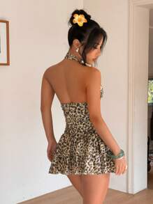 Flirla Petite Đầm ngắn bó sát hở lưng khoét chữ V sâu họa tiết da báo dệt & đan, viền bèo nhún, dành cho kỳ nghỉ, bãi biển, thường ngày, tiệc tùng, hẹn hò, phong cách gợi cảm tối giản, phù hợp với phụ nữ nhỏ nhắn vào mùa hè - Nhiều màu - Xem 2