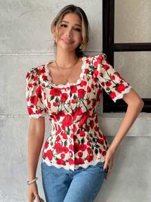 Pariaura 女式法式短袖花卉蕾丝衬衫 - 紅色 - 查看 6