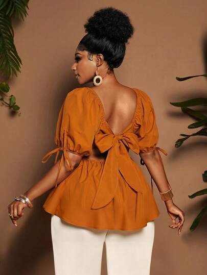 Maweii 大码度假休闲纯色系带衬衫