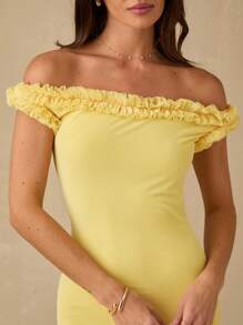 Enchnt Frühlings-/Sommer-Romantik Damen Sonnengelb Rüschen Dekor Off-Shoulder asymmetrisches Saum elastisches schlankes Maxikleid, süß & elegant für Urlaub & Date & Feiertag & Party & Abschluss & Hochzeitsgast & Strand, Abendkleid, Sommerkleider für Damen, Sommerkleider für Damen, Sommerkleidung, elegante Kleider für Partys