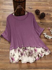 Lacomfia 女士休闲拼布短袖宽松衬衫