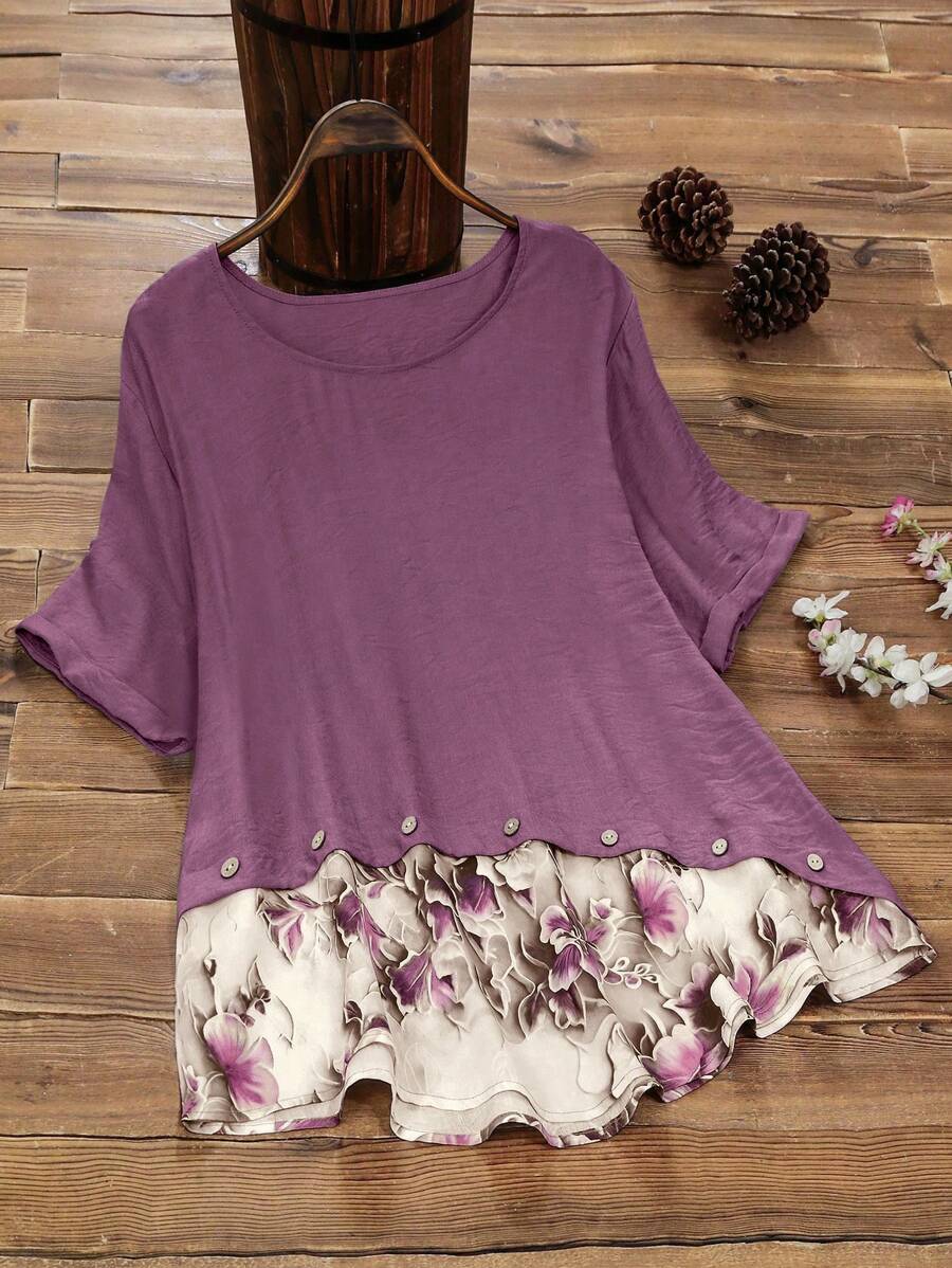 Lacomfia 女士休闲拼布短袖宽松衬衫