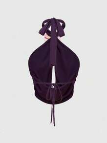 ROMWE 复古海滩花卉镂空露背吊带垂坠领性感女式背心 - 紫色 - 查看 2