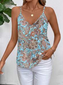 SHEIN Clasi Blue Paisley Print Women Casual Tank Top, Suitable For Summer,Island Vacation Outfits,Going Out Tops,Cute Tops