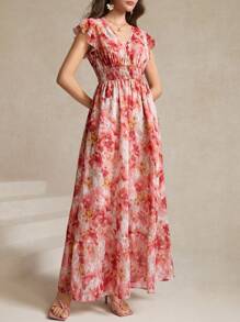 Amorya Women Shirred Tie Dye Floral Print Flare A-Line Ruffle Sleeve Waist Cinched Elegant Fashionable Slimming Long Dress,Bohemian Clothes Fall/Winter Women Clothes Back To School Modest Vintage Old Money Teacher Outfits For Women Airport Beautiful Clothing For Women - Multicolor - View 4