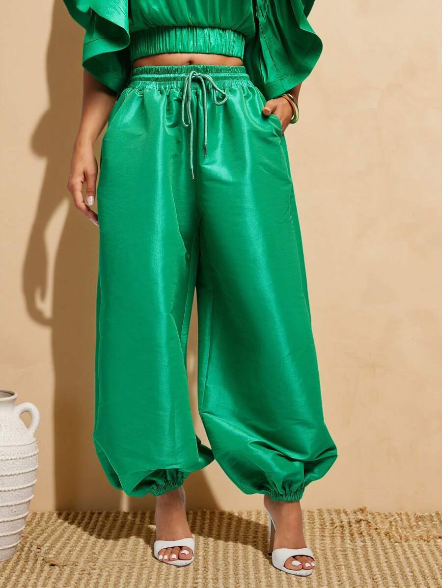 Vixey 抽绳腰部纯色塔夫绸慢跑裤，夏季，度假女士，波西米亚风，女士夏季，女士裤子