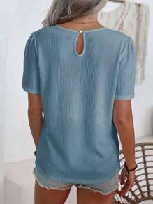 SHEIN LUNE 女式夏季纯色圆领褶皱短袖衬衫 - 藍色 - 查看 2
