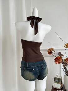 Elamini Women's Brass Metal Clasp Spaghetti Strap Top, Spring/Summer,Casual Daily Wear - Coffee Brown - View 3