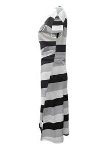 Rochie de vară pentru femei, cu dungi, guler rotund, mânecă scurtă, casual, tip shift - Alb-negru - Vizualizare 6