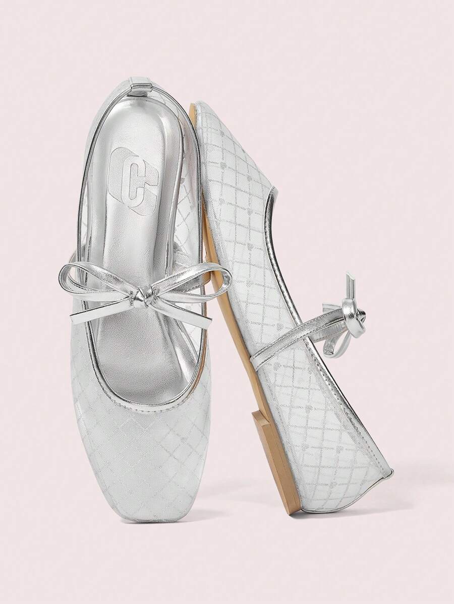 CUCCOO DOLLMOD Women's Fashion Versatile Breathable Mesh & PU Silver Flat Slip-On Shoes