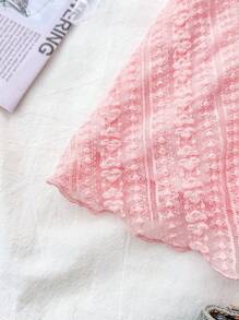 SHEIN 少女休闲家居服，蕾丝边针织弹力荷叶边下摆T恤套装/两件套，蝴蝶结，可爱甜美，少女风，适合约会、上学、日常休闲外出穿着 - 粉色 - 查看 5