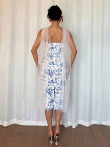 Chiquease Women's Ditsy Floral Crossover Backless Bodycon Dress, Spring/Summer - Blue and White - View 2