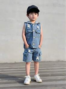 SHEIN 男童牛仔两件套服装 - 中等水洗藍 - 查看 4