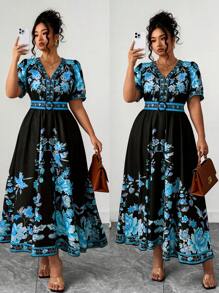 Elenzga Váy tay lửng cổ chữ V họa tiết Bohemian thời trang nữ cỡ lớn đa năng đi nghỉ dưỡng bãi biển Maldives Thái Lan, Xuân/Hè - Nhiều màu - Xem 1
