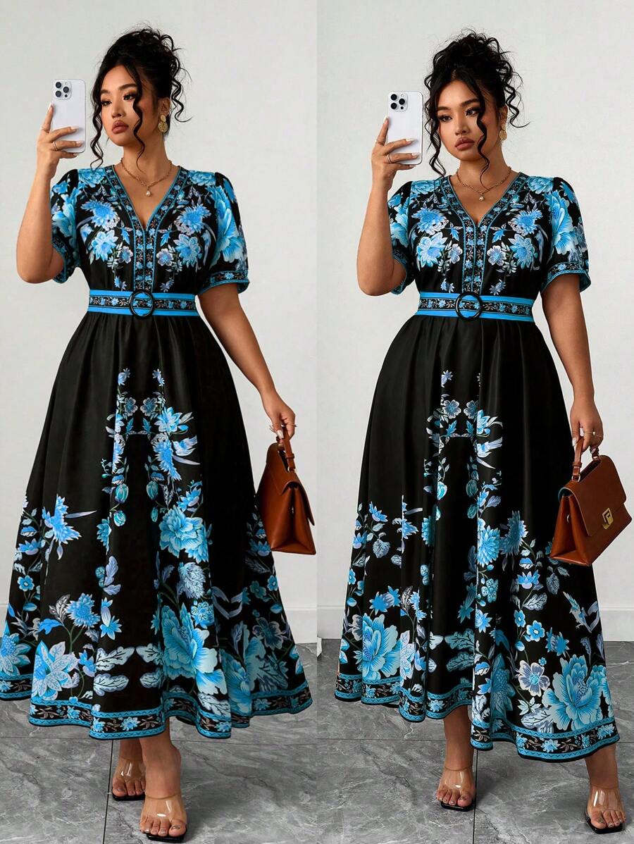Elenzga Váy tay lửng cổ chữ V họa tiết Bohemian thời trang nữ cỡ lớn đa năng đi nghỉ dưỡng bãi biển Maldives Thái Lan, Xuân/Hè - Nhiều màu - Xem 1