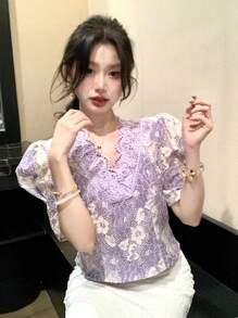 DAZY Women's Elegant Lace V-Neck Puff Sleeve Shirt, Summer