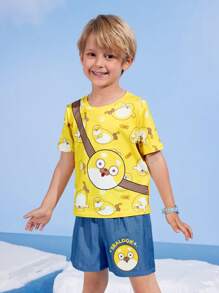 SEALOOK X SHEIN Kleine Jungen Cartoon Seehund Muster gelbes witziges lässiges Kurzarm T-Shirt und blaue Jeansshorts Set