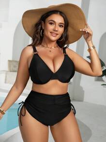 Swim Basics Summer 2pcs/Set Plus Size Women Solid Color Knitted Strapless Bandeau Top And Drawstring Triangle Bottom Bikini Set, Vacation - Black - View 4