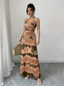 Rafferiza 女士优雅扎染露背吊带连衣裙 - 鏽棕色 - 查看 5