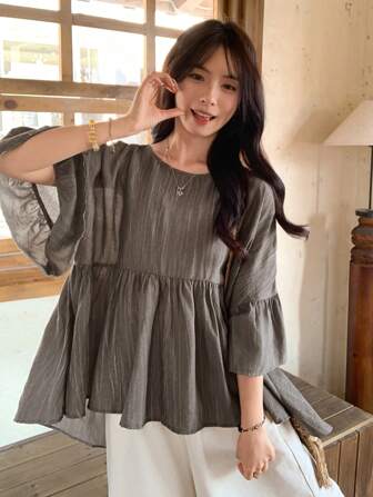 FRIFUL Damen Bluse mit gerüschtem Kragen in Grau, Sommerkleidung
