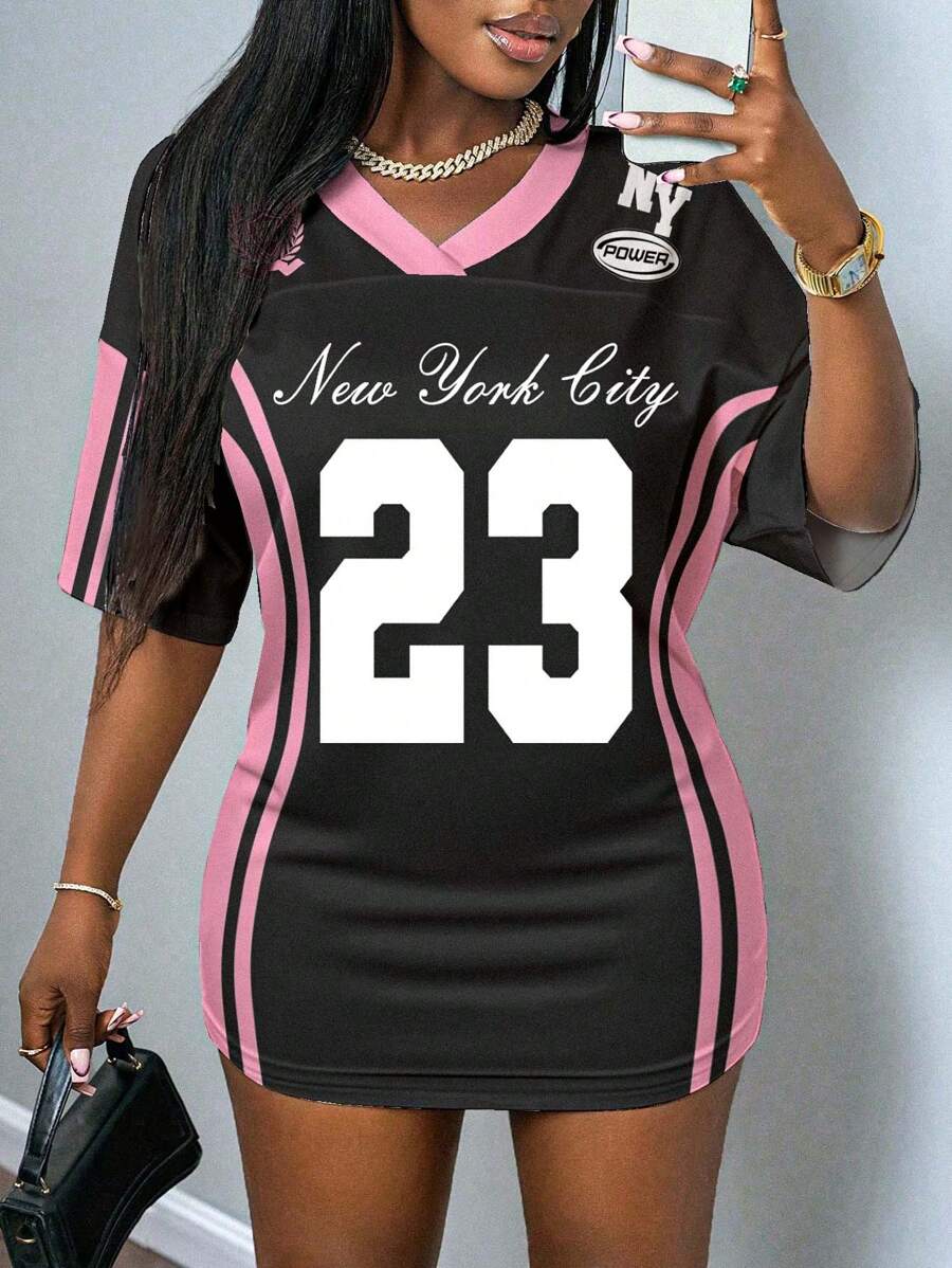 Slaydiva 2025春夏休闲极简主义“纽约”数字23印花女式迷你连衣裙,适合夏季 - 彩色 - 查看 1