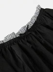 SHEIN 青少年休闲简约舒适拼布拼色荷叶边下摆短裤