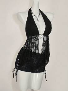 SHEIN ICON 女士蕾丝吊带背心，夏季时尚 - 黑色 - 查看 7