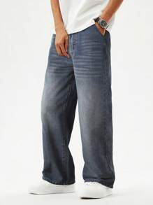 Teen Boy Light Blue Washed Classic Simple Versatile Wide Leg Jeans, Loose & Comfortable - Medium Wash - View 3